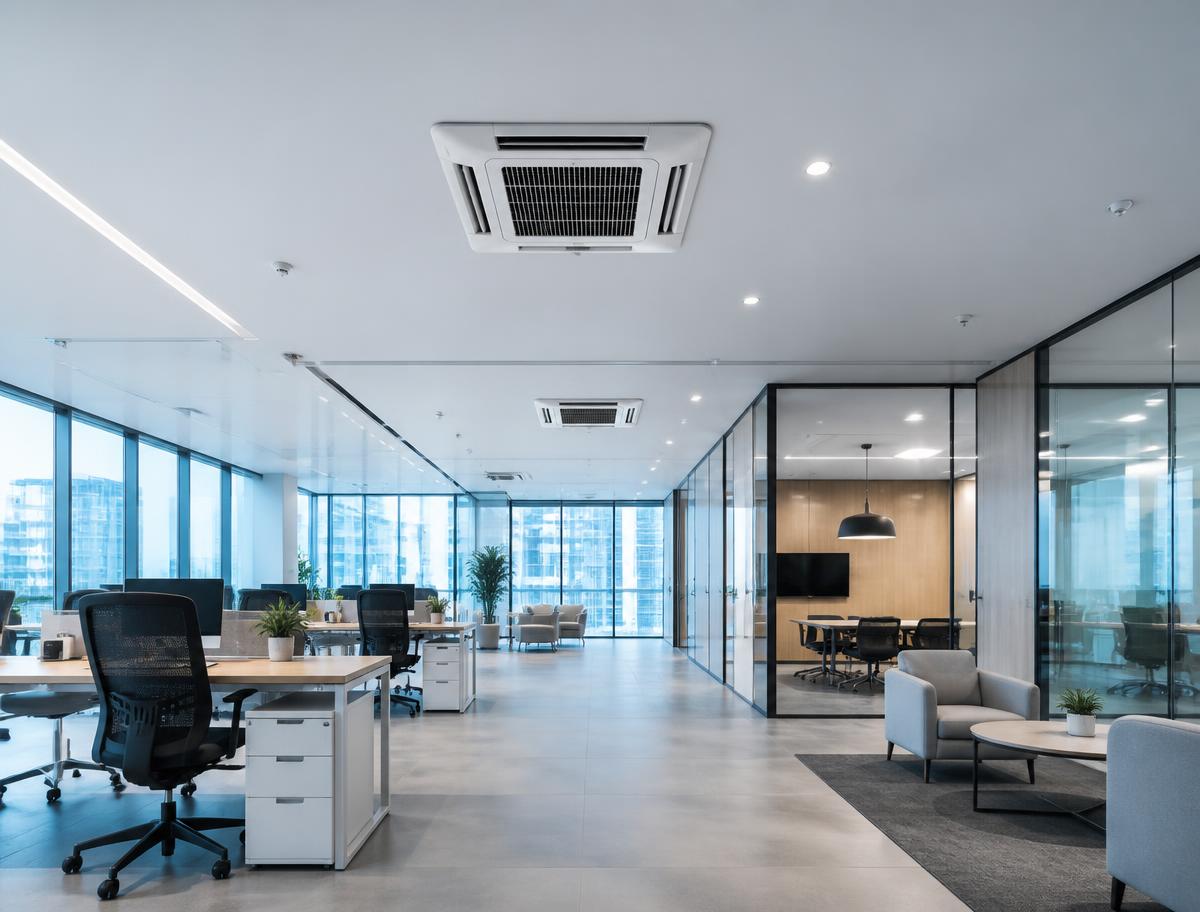 Ambiente corporativo climatizado com unidades cassete instaladas no forro