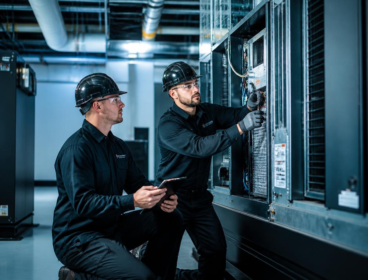 Equipe técnica da HARTECK realizando manutenção em equipamento de ar-condicionado