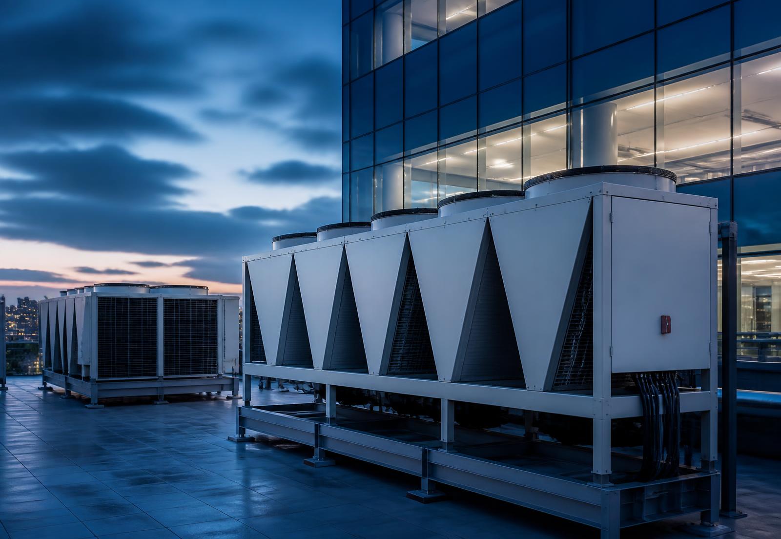 Sistema de climatização corporativa com condensadores instalados na cobertura de um edifício empresarial