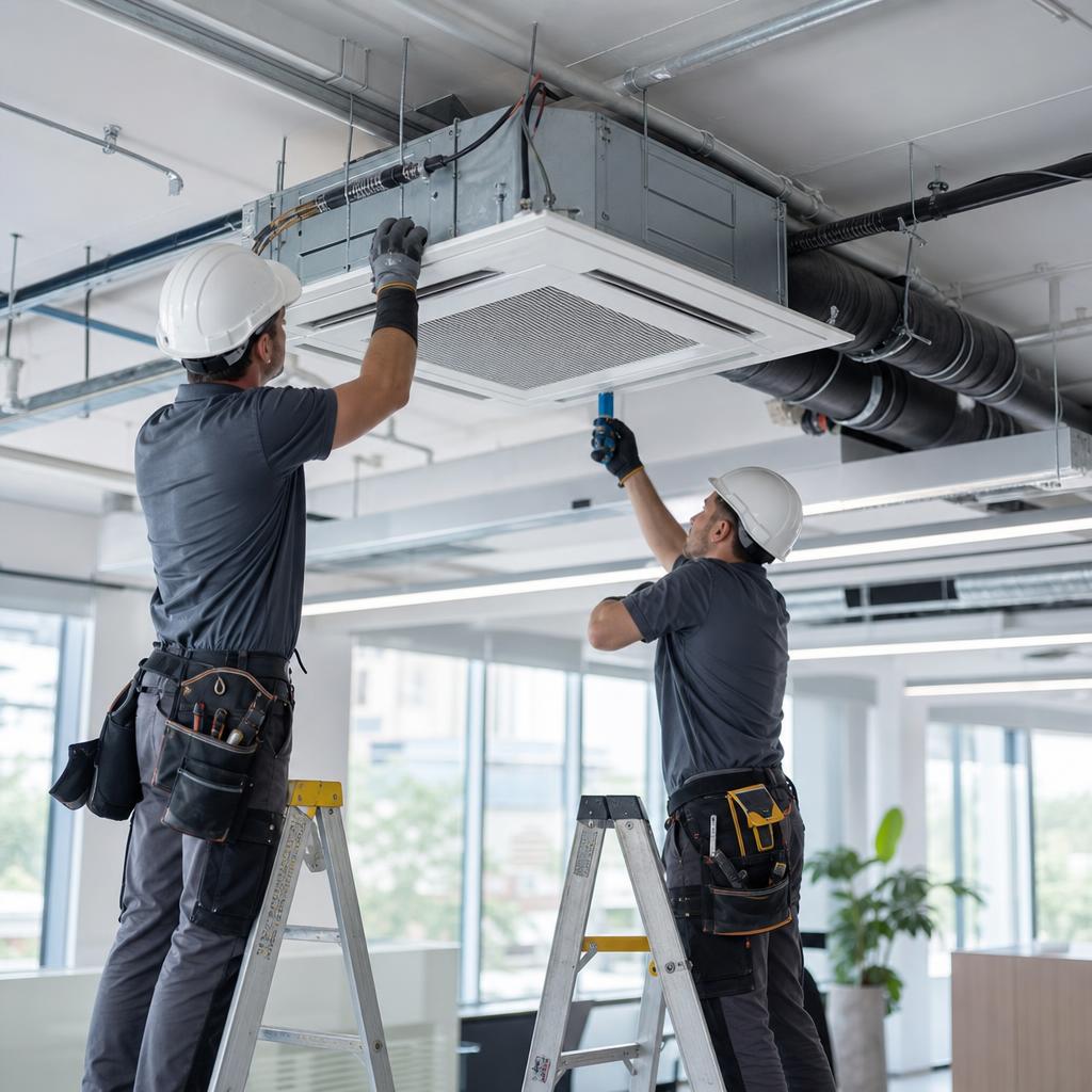 Equipe técnica instalando unidade cassete de ar-condicionado em ambiente corporativo