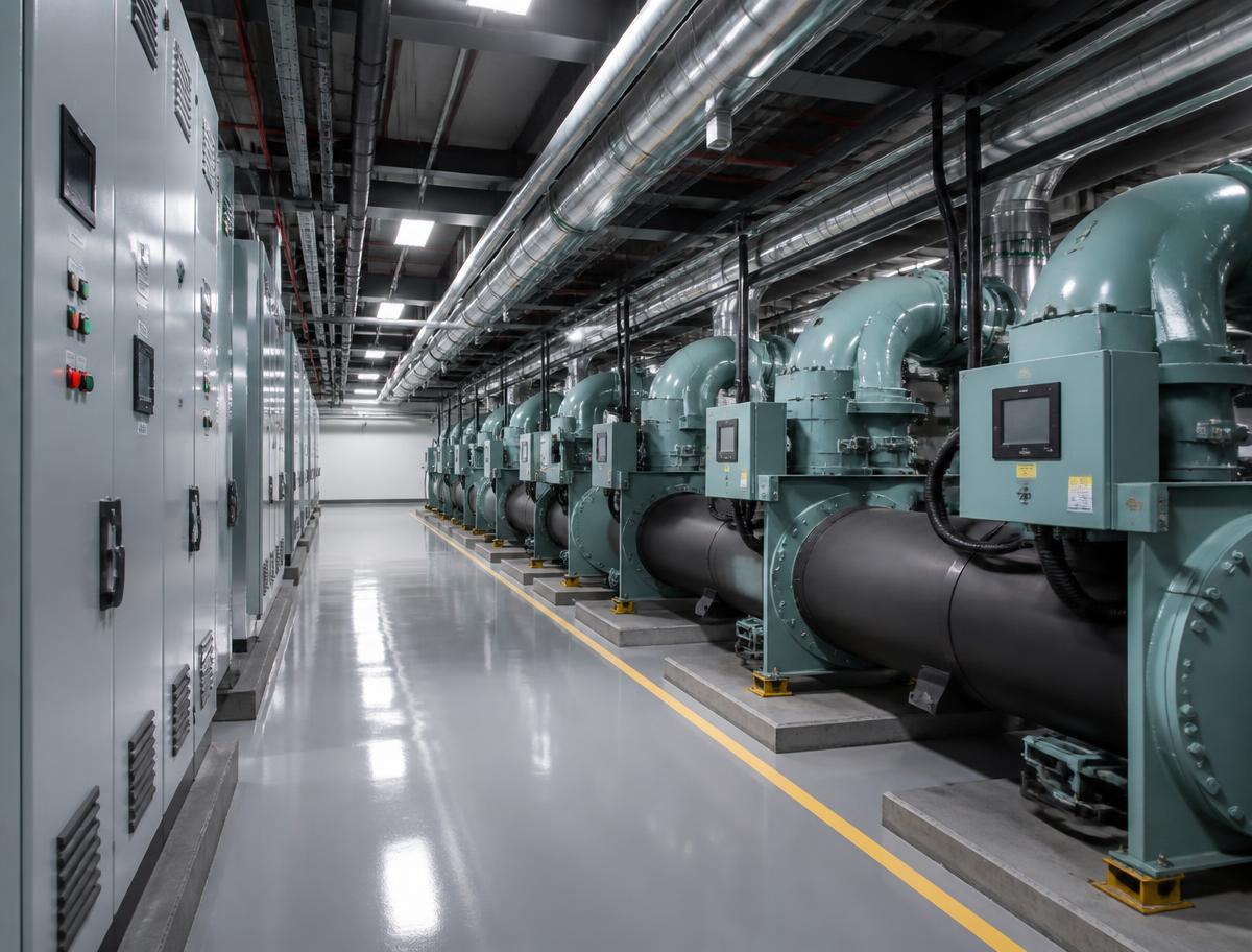 Sala de máquinas com chillers e sistemas centrais de climatização